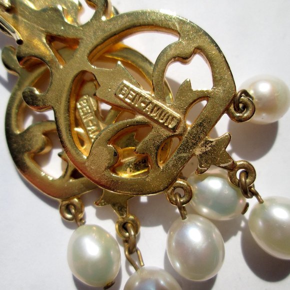 ⚜️✨ BEN-AMUN Vintage Dangle Drop Fleur de Lys Earrings Gold Tone Pearl Dangles - Picture 12 of 12